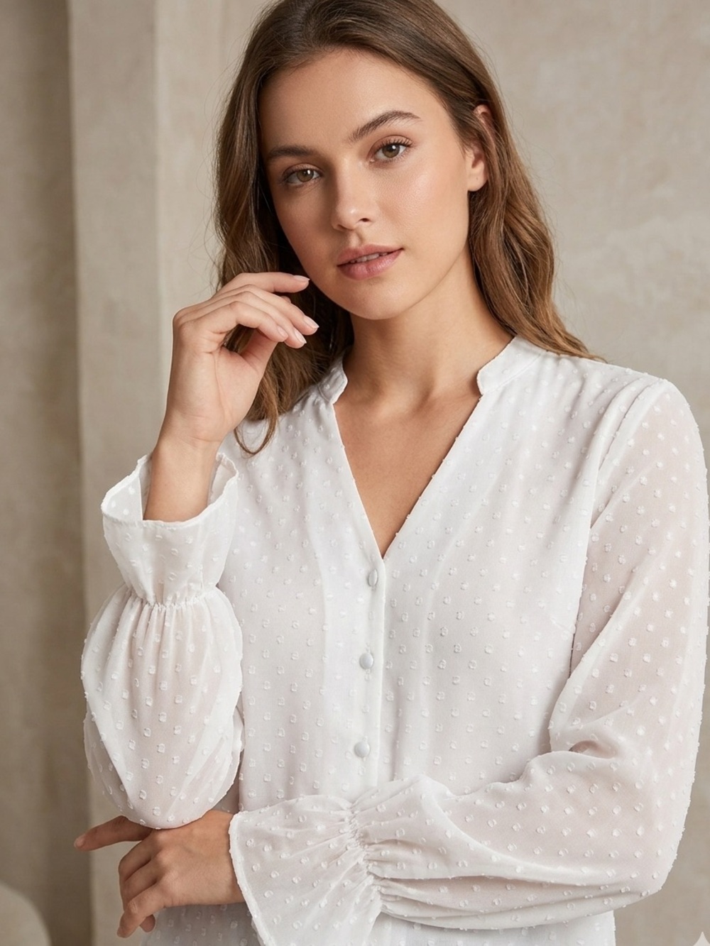 SHEIN White Dot Textured Button-Up Blouse